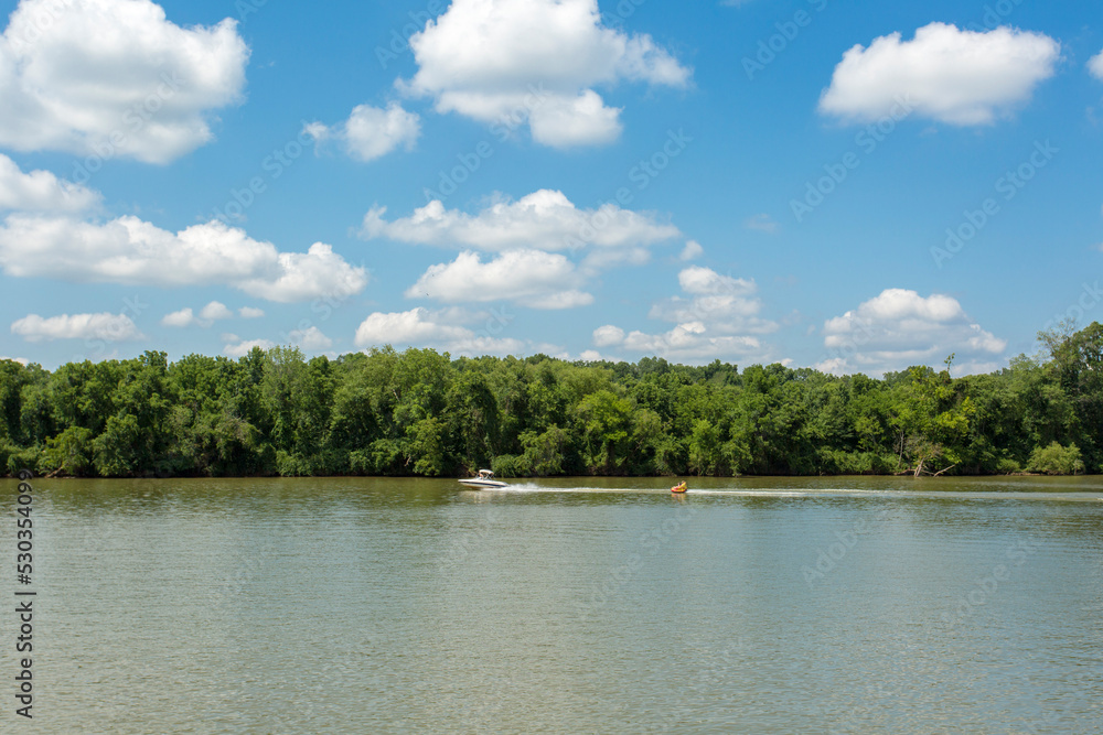 James River with Boats on Water Sunny Cloudy Day James River with Boats on Water Sunny Cloudy Day