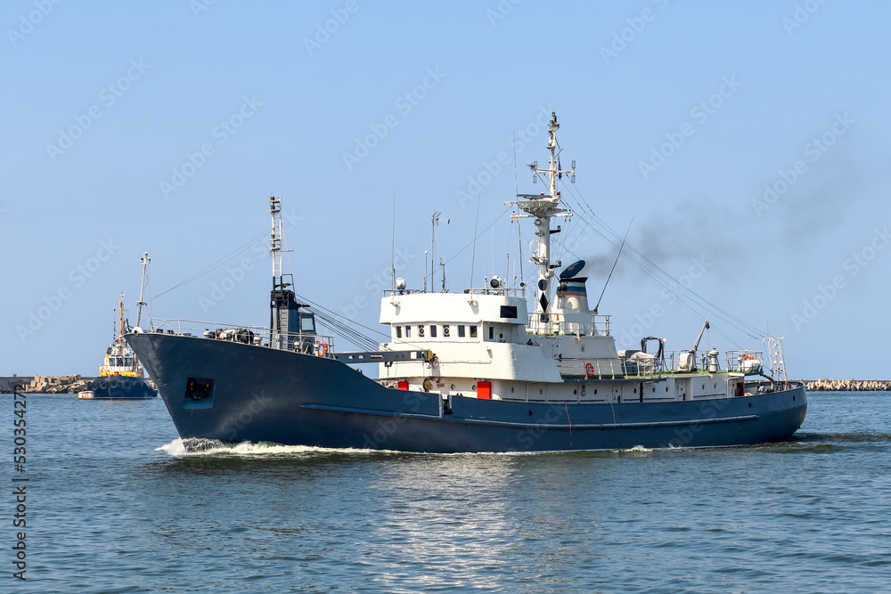 Hydrographic vessel at sea, tugboat, Russia