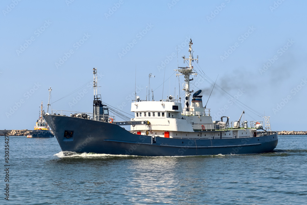 Hydrographic vessel at sea, tugboat, Russia Hydrographic vessel at sea, tugboat, Russia