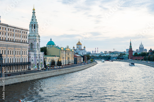 View of the Moscow Kremlin on the bank of the Moscow river. Cityscape of Moscow. Summer 2022