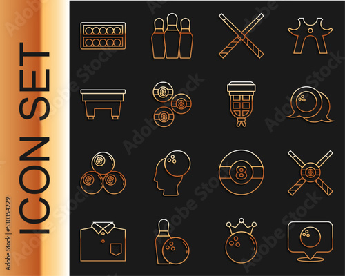 Set line Location with bowling ball, Crossed billiard cues and, Bowling, Billiard, table, balls stand and pocket icon. Vector