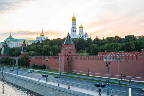 View of the Moscow Kremlin on the bank of the Moscow river. Cityscape of Moscow. Summer 2022