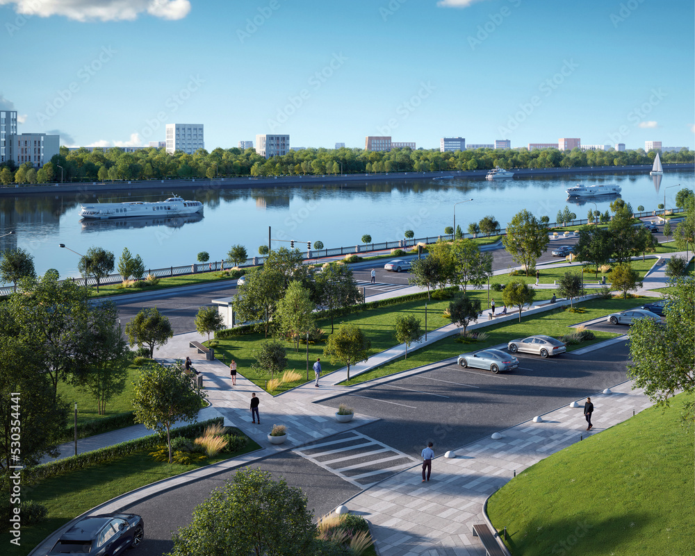 3d rendering embankment with a boulevard in a big city 3d rendering embankment with a boulevard in a big city