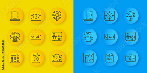 Set line Sound mixer controller, VFX, Photo and video shooting, camera, Media projector, Makeup mirror with lights, Camera shutter and Old film movie countdown frame icon. Vector