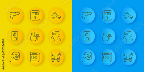 Set line Peace talks, Protest, Handcuffs on hands of criminal, Speech bubble chat, Pistol or gun, Police car flasher and Prison cell door icon. Vector