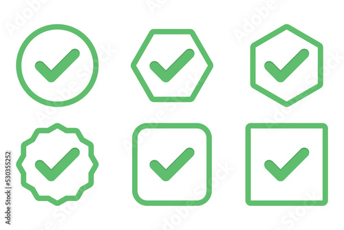 Check marks Icon Set, Tick marks, Accepted, Approved, Yes, Correct, Ok, Right Choices, Task Completion, Voting. - vector mark symbols in green.