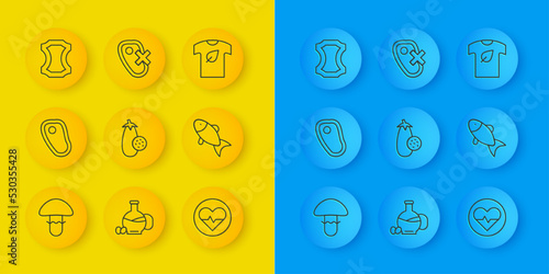 Set line Mushroom, Steak meat, Eggplant, Heart rate, Fish, Leather, Vegan shirt and No icon. Vector