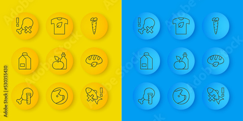 Set line Genetically modified chicken, Paper package for milk, Apple cider vinegar in bottle, No fish, Vegan bread loaf, leg, Carrot and shirt icon. Vector