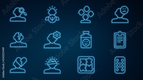Set line Sedative pills, Psychological test, Schizophrenia, Solution problem in psychology, Finding, Antidepressants and Psychology icon. Vector
