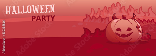 Happy Halloween party invite or greeting postcard. Halloween pumpkin like a Devil on hell with red fire for your Halloween background, game location, postcard, poster, invite, banner or stickers.