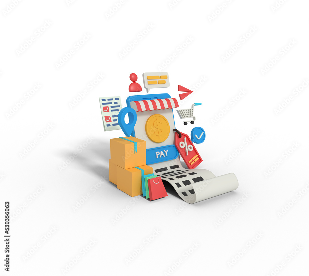 3d Illustration of Bill shopping online discount 3d Illustration of Bill shopping online discount