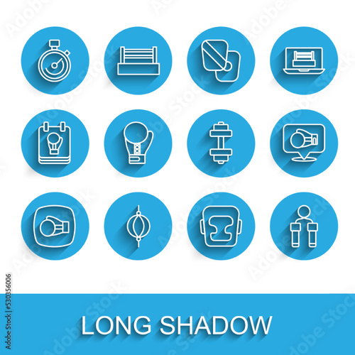 Set line Boxing glove, Punching bag, Stopwatch, helmet, Jump rope, and Dumbbell icon. Vector