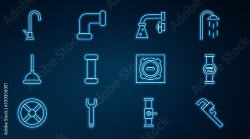 Set line Pipe adjustable wrench, Water meter, tap, Industry metallic pipe, Rubber plunger, Manhole sewer cover and icon. Vector