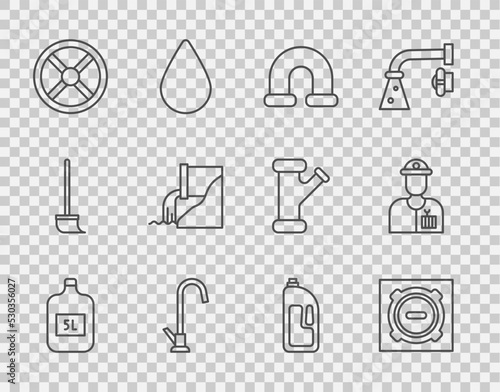 Set line Big bottle with clean water, Manhole sewer cover, Industry metallic pipe, Water tap, valve, Wastewater, Container drain cleaner and Plumber icon. Vector