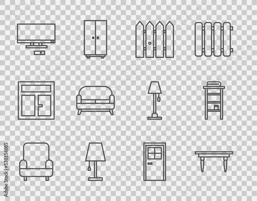 Set line Armchair, Wooden table, Garden fence wooden, Table lamp, Smart Tv, Sofa, Closed door and Bathroom rack with shelves for towels icon. Vector