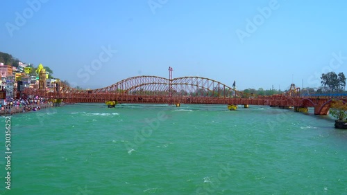 Haridwar India - Sep 2022: Har Ki Pauri is a famous ghat on the banks of the Ganges in Haridwar, India. People gather to worship the great river Ganga for 