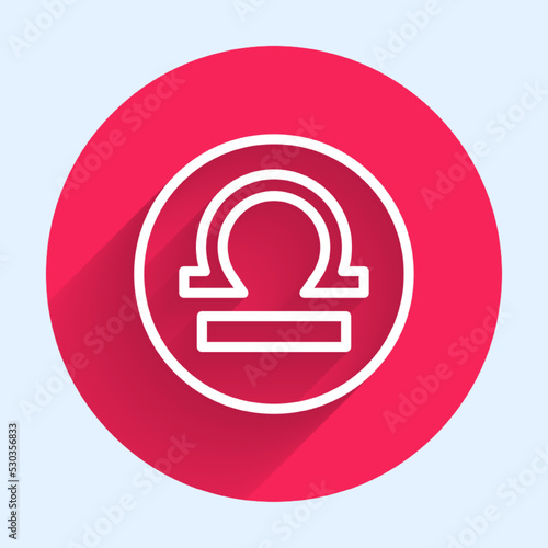 White line Libra zodiac sign icon isolated with long shadow background. Astrological horoscope collection. Red circle button. Vector