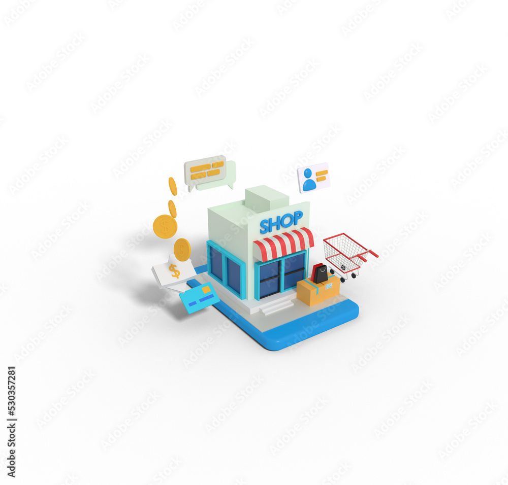 3d Illustration of online shop building in phone 3d Illustration of online shop building in phone