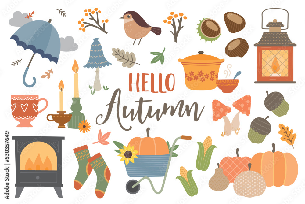 Vector set autumn icons: log burner, leaves, cozy, candles, lantern, acorns, conkers. Scrapbook collection of fall season elements. Background for harvest time. Autumn greeting card Vector set autumn icons: log burner, leaves, cozy, candles, lantern, acorns, conkers. Scrapbook collection of fall season elements. Background for harvest time. Autumn greeting card