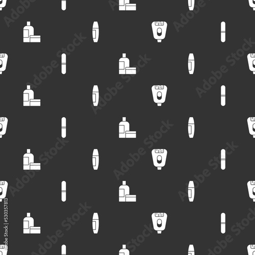 Set Epilator, Nail file, Cream lotion cosmetic tube and Mascara brush on seamless pattern. Vector