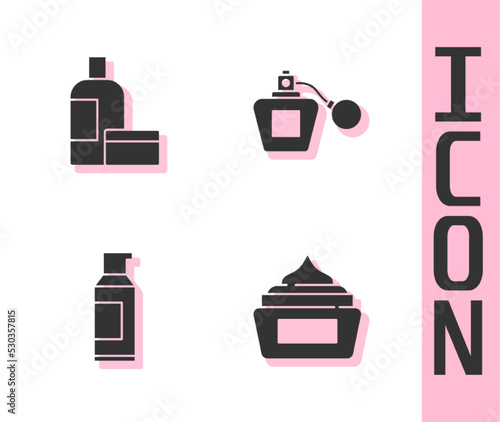 Set Cream or lotion cosmetic tube, , Spray can for hairspray and Perfume icon. Vector