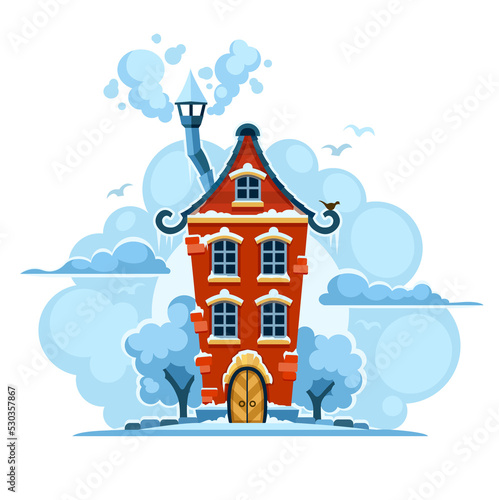 Winter fairy-tale house in snow with clouds PNG