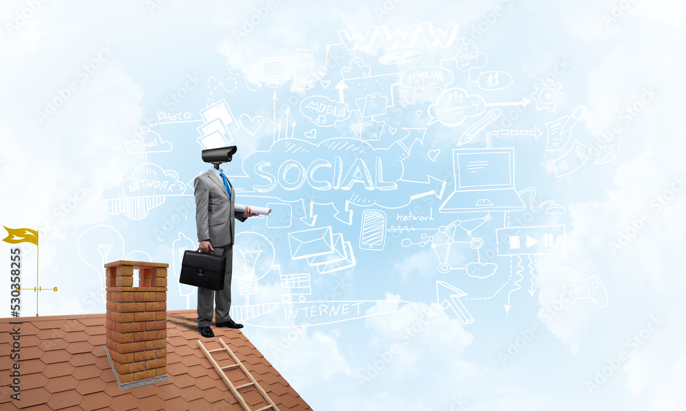 Concept of home security and privacy protection with camera headed man Concept of home security and privacy protection with camera headed man