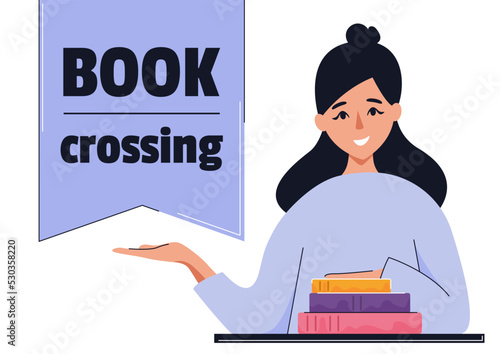 Bookcrossing day banner. Concept of exchange books, education, reading, development. Isolated vector illustration.