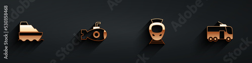 Set Cruise ship, Submarine, Tram and railway and Trolleybus icon with long shadow. Vector