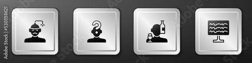 Set Concussion, headache, Human with question mark, Alcoholism and Encephalogram icon. Silver square button. Vector