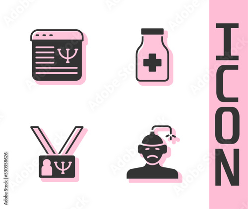 Set Concussion, headache, Online psychological counseling, Psychology and Sedative pills icon. Vector