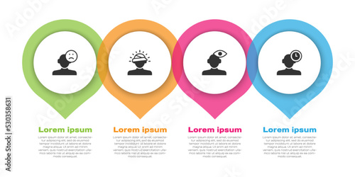 Set Sad and depressed man, bad mood, Concussion, headache, Solution problem in psychology and Insomnia. Business infographic template. Vector