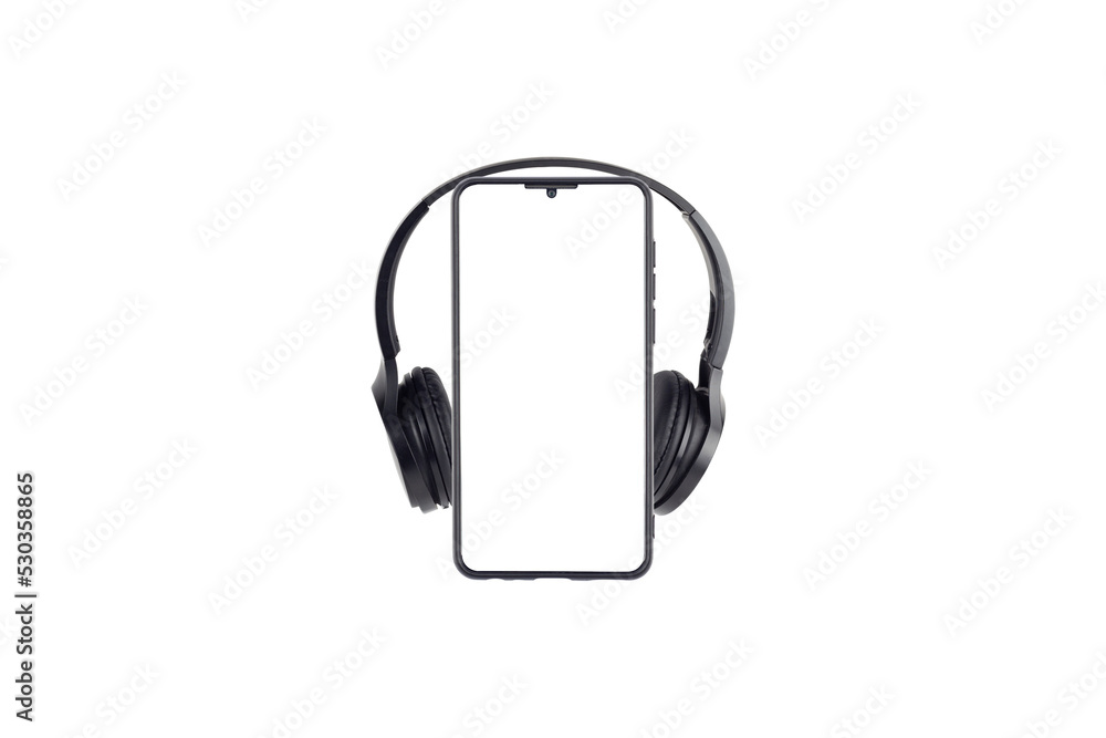 Fototapeta premium smartphone with blank white screen and wireless headphones isolated on white background, copy space