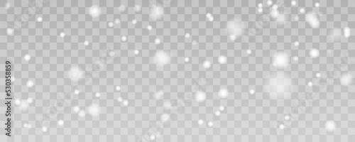 Falling realistic snow. Christmas, transparent snowfall isolated on transparent background. Stock vector illustration.