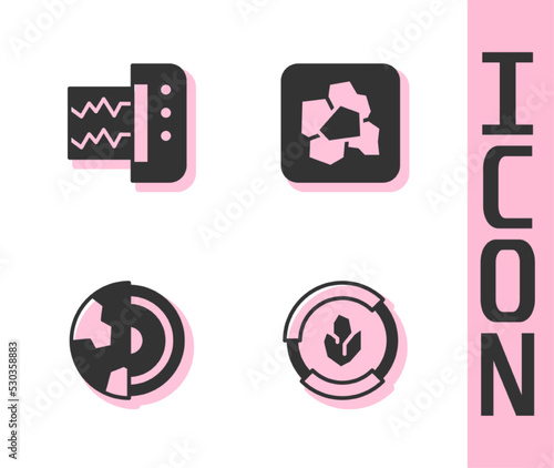 Set Soil analysis, Seismograph, Earth core structure crust and Gold nugget icon. Vector