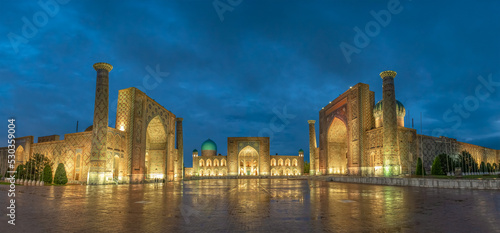Panoramic view of Registan square, Samarkand, Uzbekistan with three madrasahs: Ulugh Beg, Tilya Kori and Sher-Dor Madrasah. photo