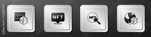 Set NFT blockchain technology, Digital crypto art, Search and icon. Silver square button. Vector