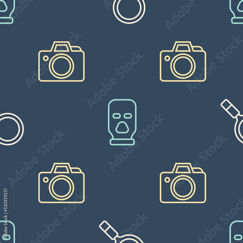 Set line Magnifying glass with search, Photo camera and Balaclava on seamless pattern. Vector
