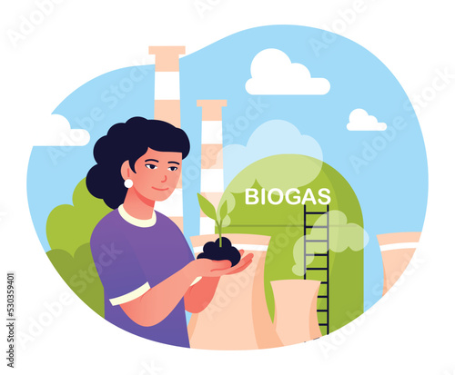Concept of biogas. Young girl analyzes composition of soil, woman plants plant. Biofuel, care for nature and environment, eco friendly person. Responsible society. Cartoon flat vector illustration photo