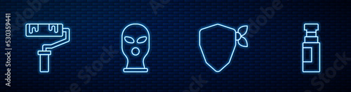 Set line Vandal, Paint roller brush, Balaclava and Marker pen. Glowing neon icon on brick wall. Vector