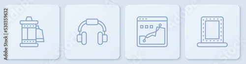 Set line Camera roll cartridge, Histogram graph photography, Headphones and Makeup mirror with lights. White square button. Vector