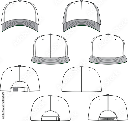 Variety blank cap hat fashion design flat sketch mock-up templates