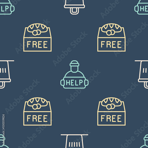 Set line Trash can, Donation food and Help homeless on seamless pattern. Vector