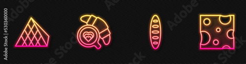 Set line French baguette bread, Louvre glass pyramid, Coffee cup with croissant and Cheese. Glowing neon icon. Vector