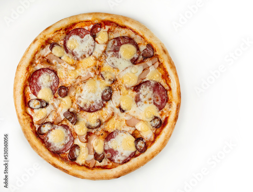 Fresh pizza with salami, sausage and cheese isolated on white background. Copyspace. Top view