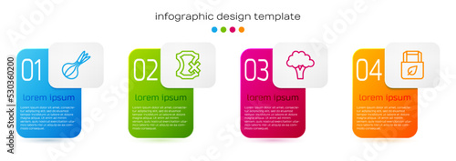 Set line Onion, No leather, Broccoli and Shopping bag with recycle. Business infographic template. Vector