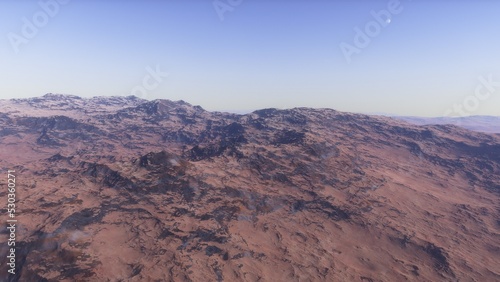 Mars like red planet  with arid landscape  rocky hills and mountains  for space exploration and science fiction backgrounds.