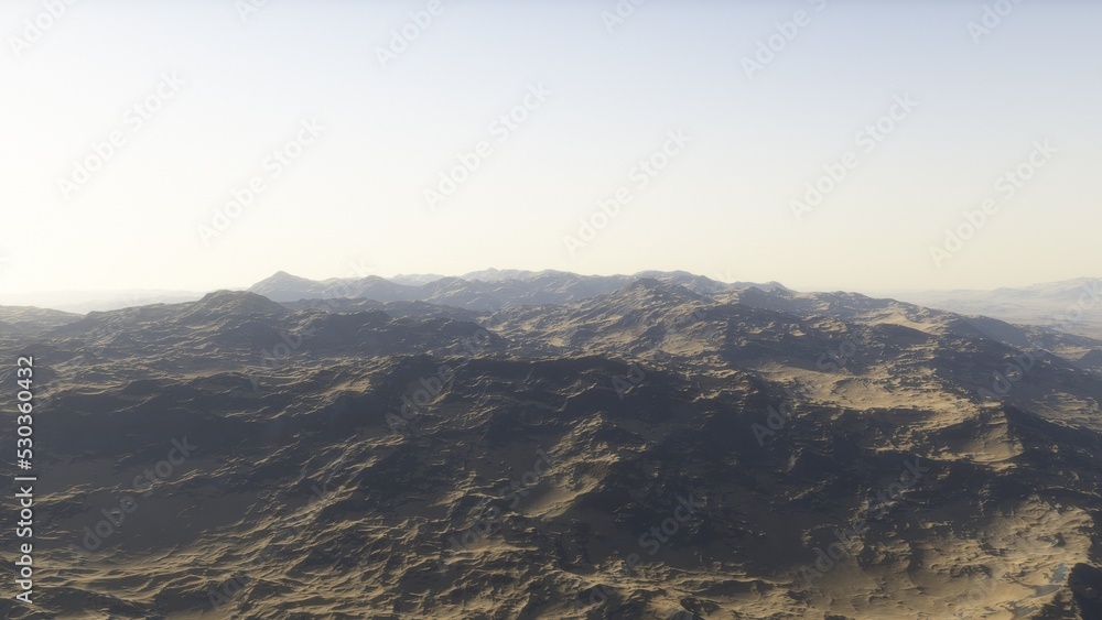 Fototapeta premium Mars like red planet, with arid landscape, rocky hills and mountains, for space exploration and science fiction backgrounds.