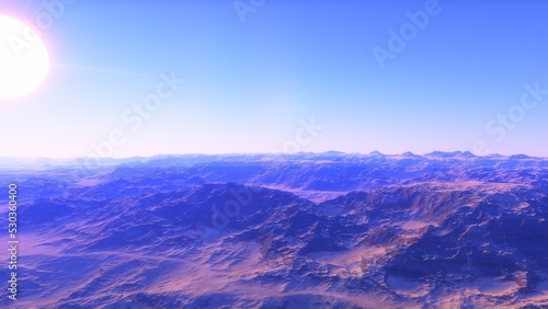 Mars like red planet, with arid landscape, rocky hills and mountains, for space exploration and science fiction backgrounds. © ANDREI