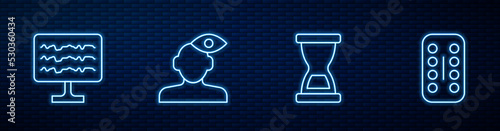 Set line Old hourglass, Encephalogram, Solution problem in psychology and Sedative pills. Glowing neon icon on brick wall. Vector